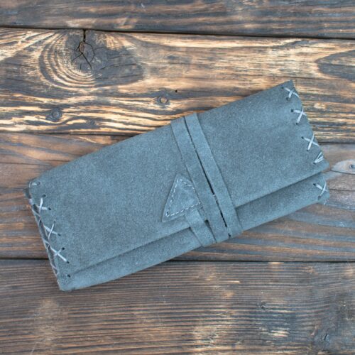 Καπνοθήκη Χειροποίητη Δερμάτινη Σουέτ με Κορδόνι Σκούρο Γκρι